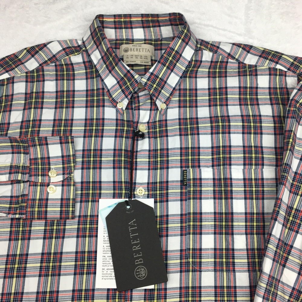 Beretta Classic Mens Shirt XXL White Blue Check Long Sleeve NWT Cotton